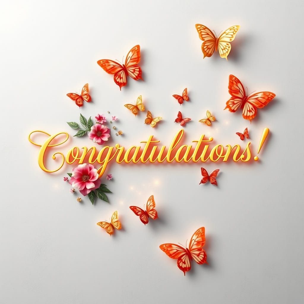 A luxurious digital artwork in 8K UHD showcases the elegant word "Congratulations!" rendered in a flowing, stylized scri...