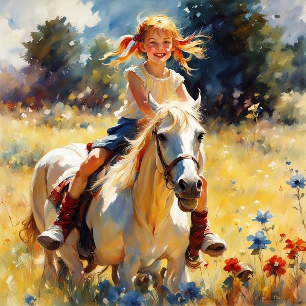 Girl Rides Horse in Colorful Watercolor Style