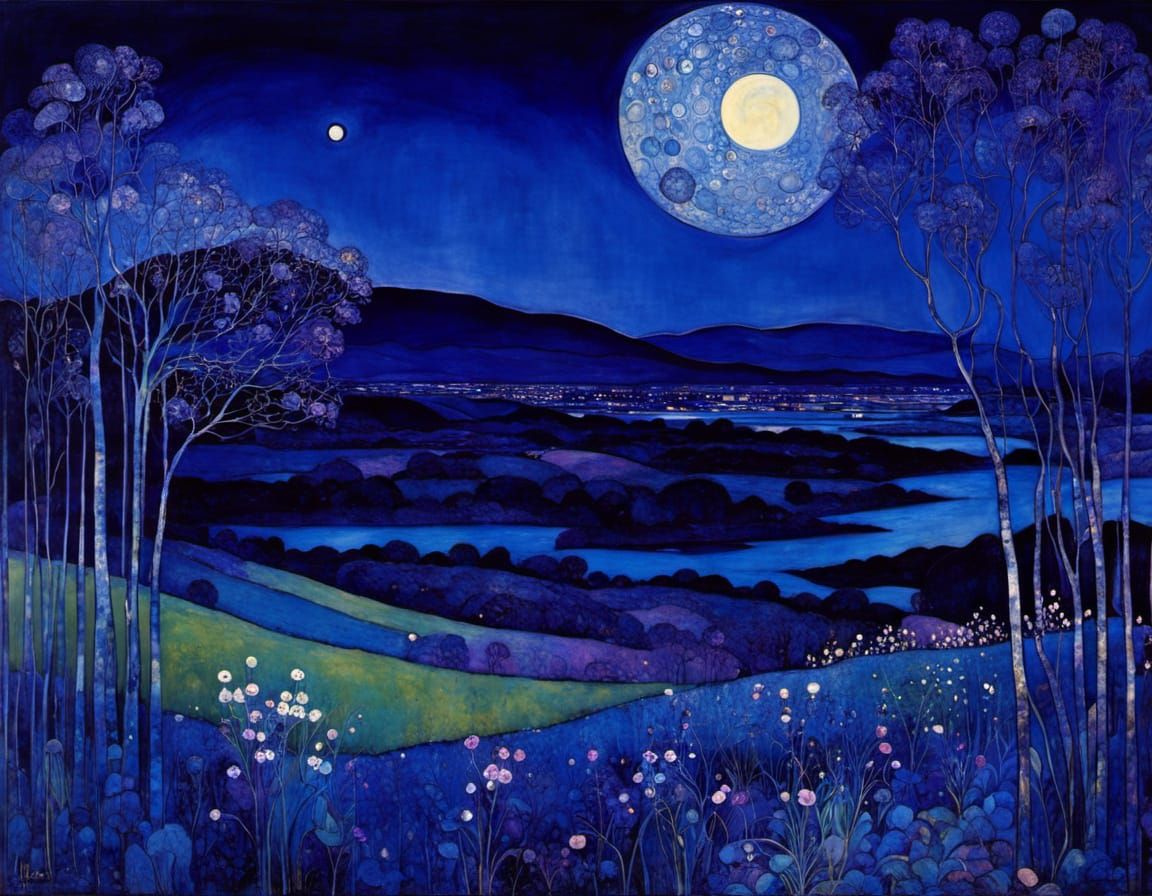 Dreamy Nocturnal Scene in Vibrant Blues and Violets