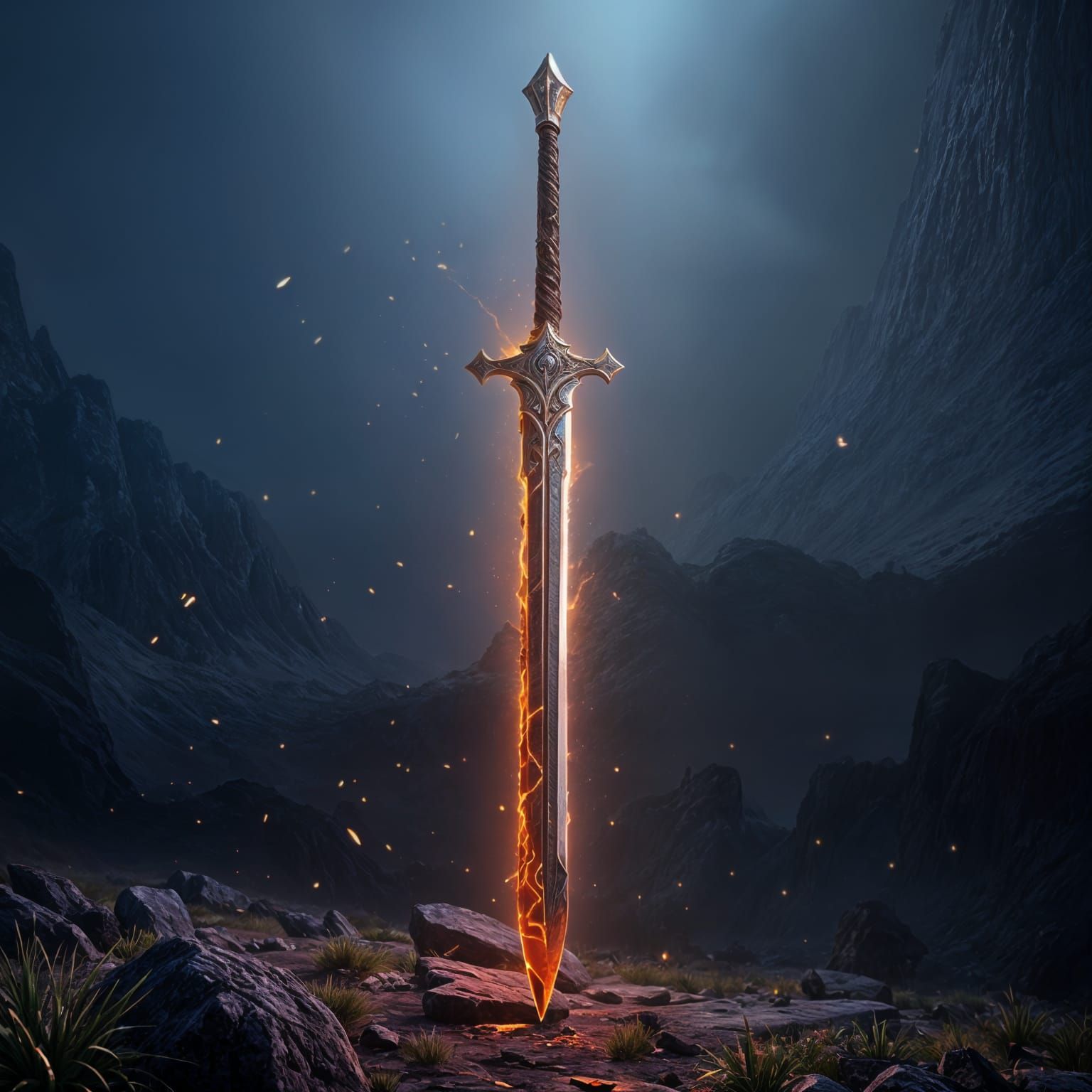 Epic Fantasy Longsword in Mysterious Stormy Landscape