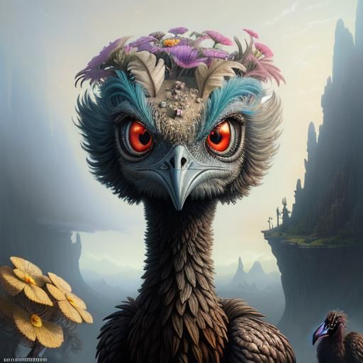Surreal Ostrich with Bioluminescent Eyes, Airbrush Art