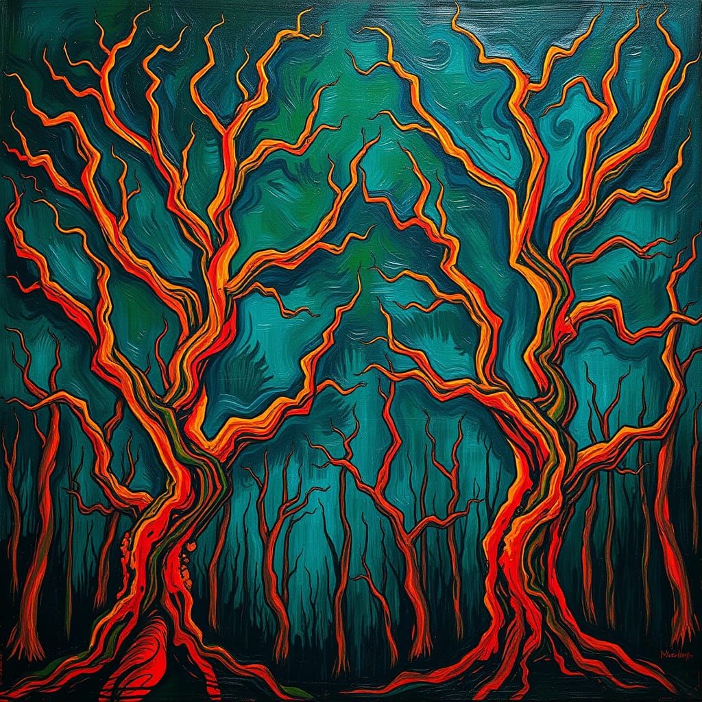 Gnarled Forest Trees Against a Dark, Moody Night Sky