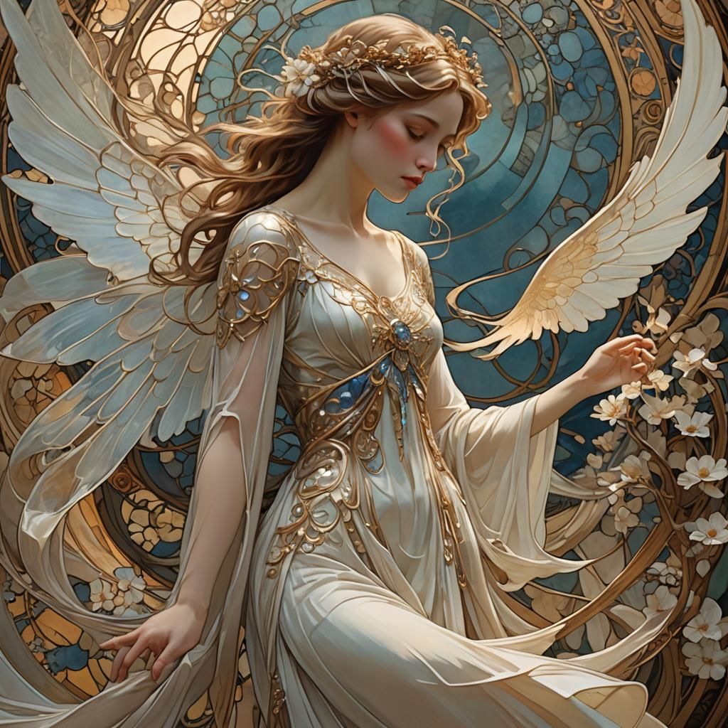 Ethereal Beauty with Angelic Wings in Art Nouveau Style