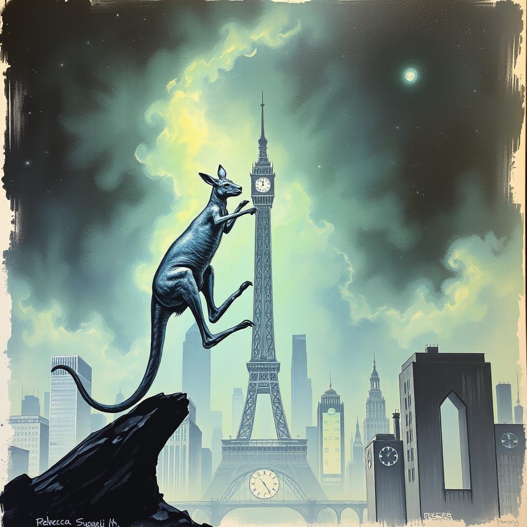 Ethereal Kangaroo Leaps Under Neon Clock