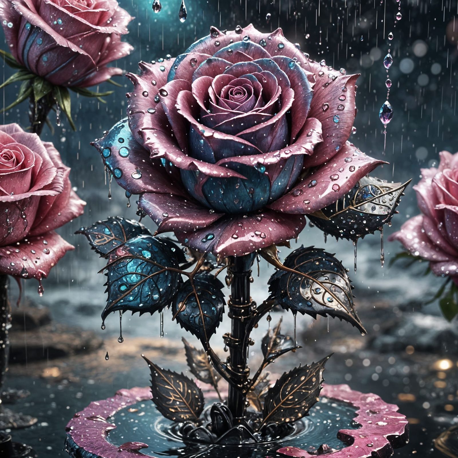 Steampunk Rose with Dripping Water in Glittering Rain
