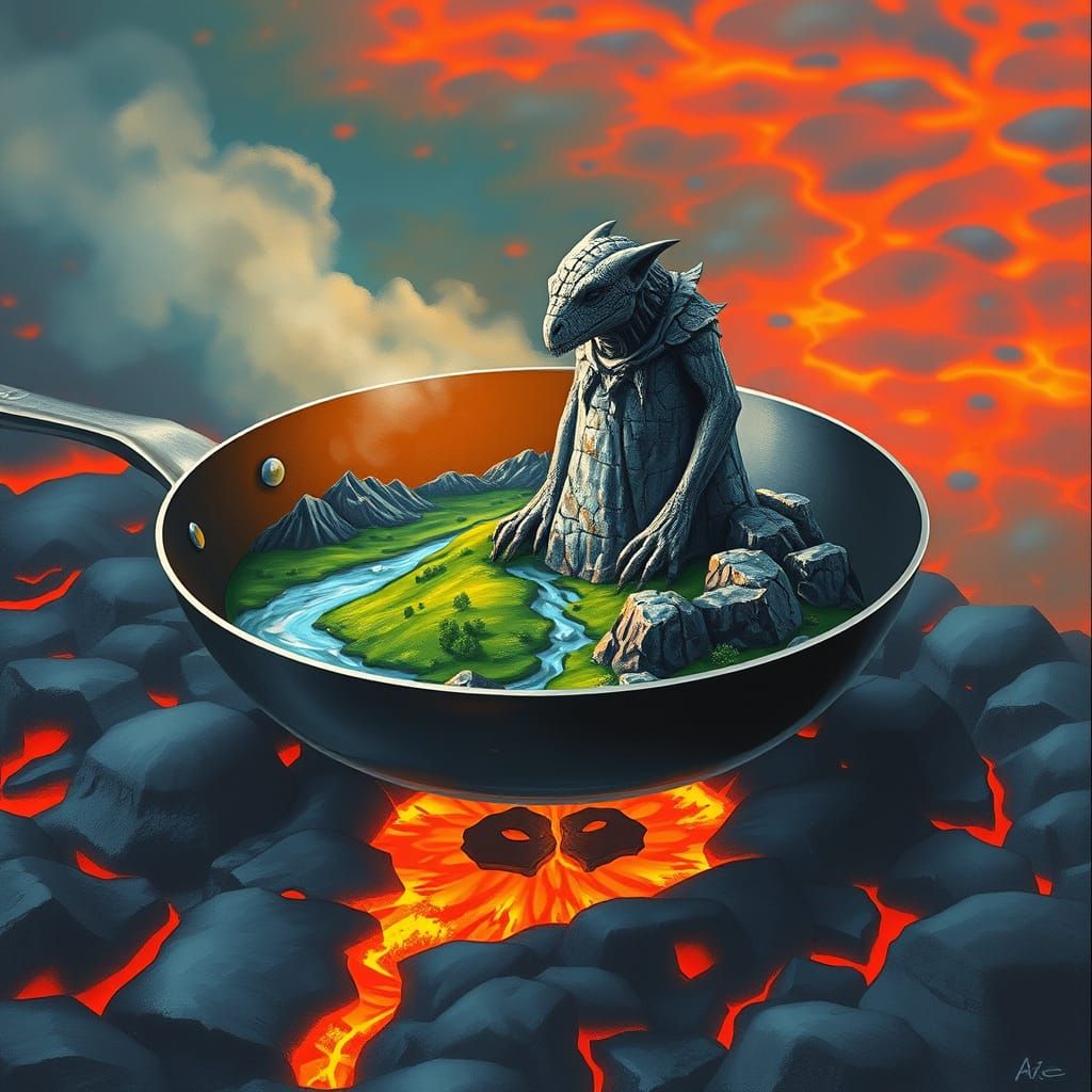 Gargoyle Landscape in Frying Pan, Spray Paint Art