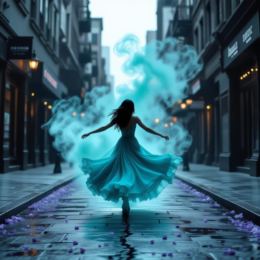 Mystical Noir: Dancing Mist in Grayscale Cityscape