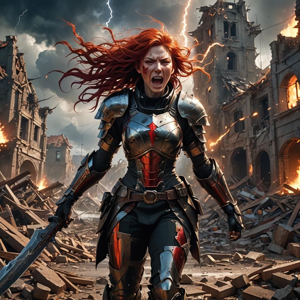 Warrior Girl Screaming in Destroyed Town: Digital Art