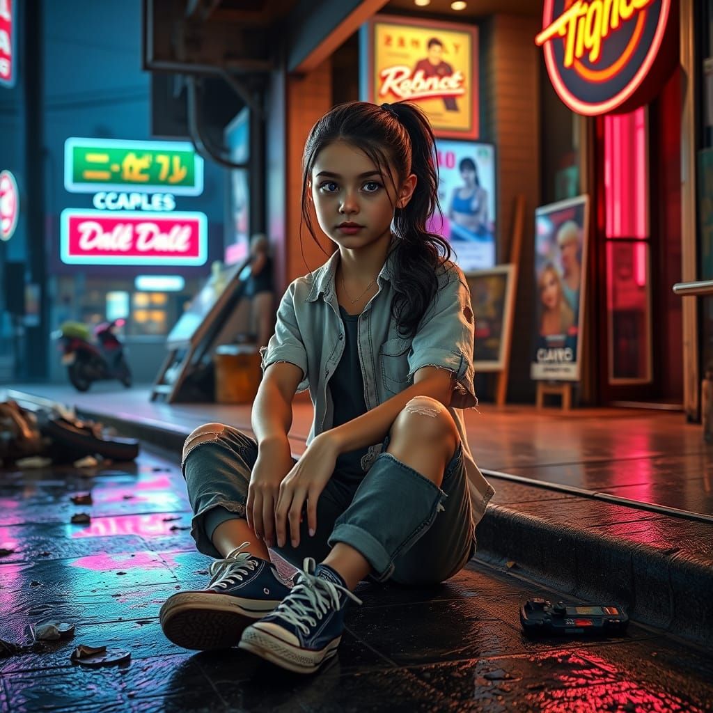 Cyberpunk Girl in Rundown Cityscape with Neon Lights