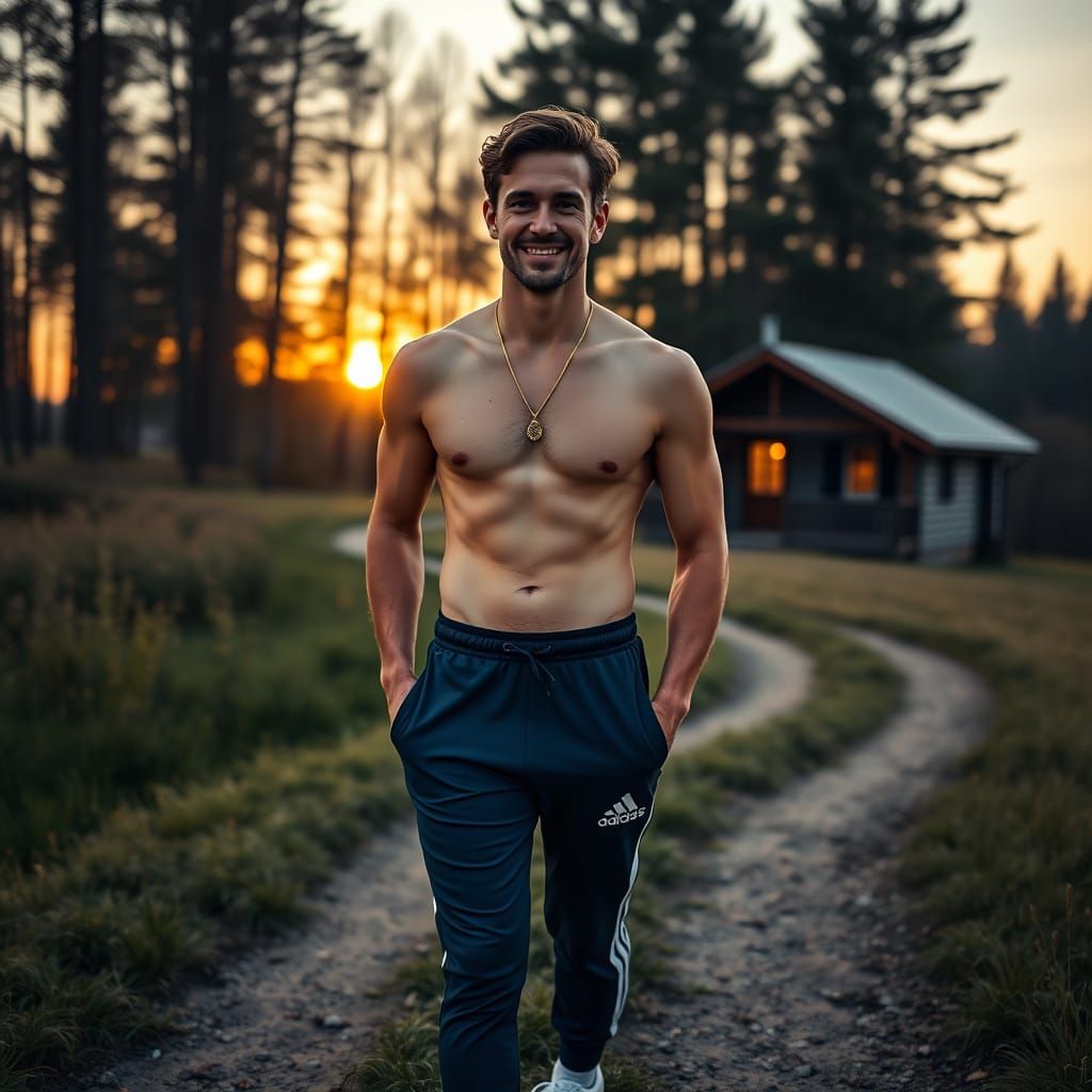 Man on Meadow Path at Sunrise, Photorealistic Style