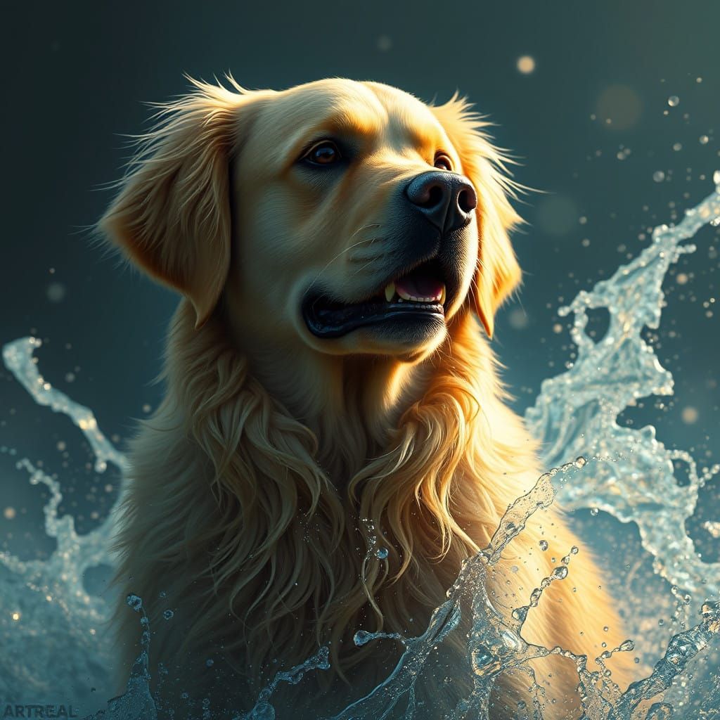 Golden Retriever in Vibrant Fantasy Landscape