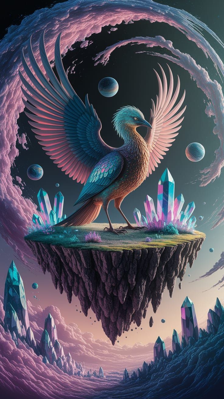 Iridescent Bird on Floating Island in Fantasycore Style