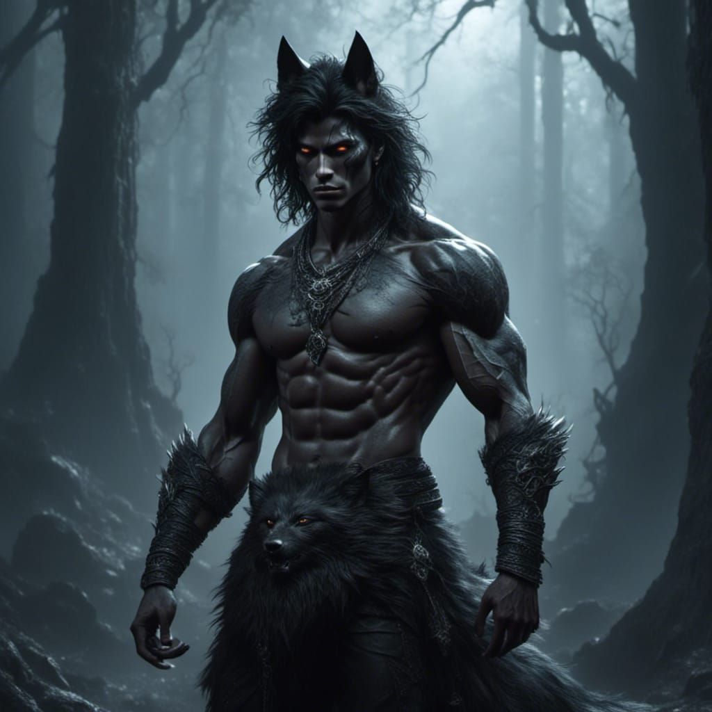 Wolf-Eared Man with Obsidian Skin in Dark Fantasy