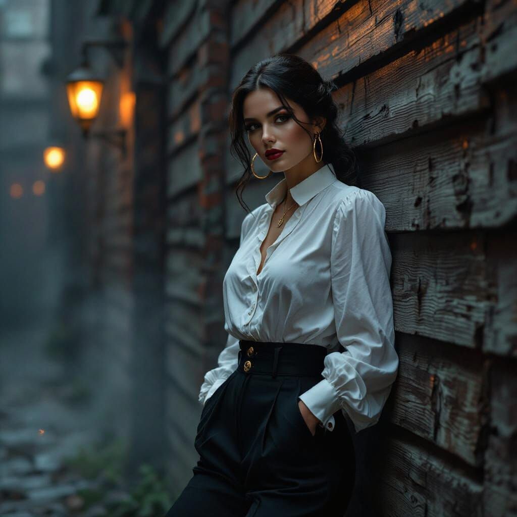 Gothic Woman in Moody Alley: Cinematic Realism