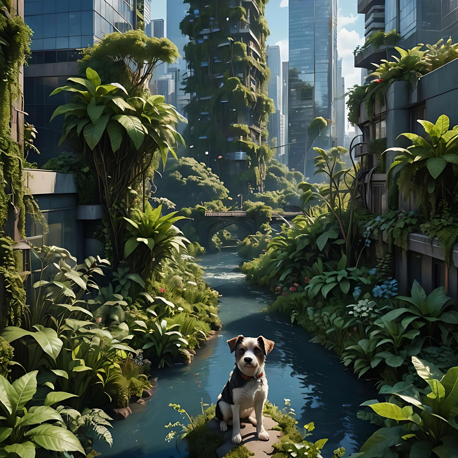 Overgrown Cityscape with Dog, Detailed Matte Painting