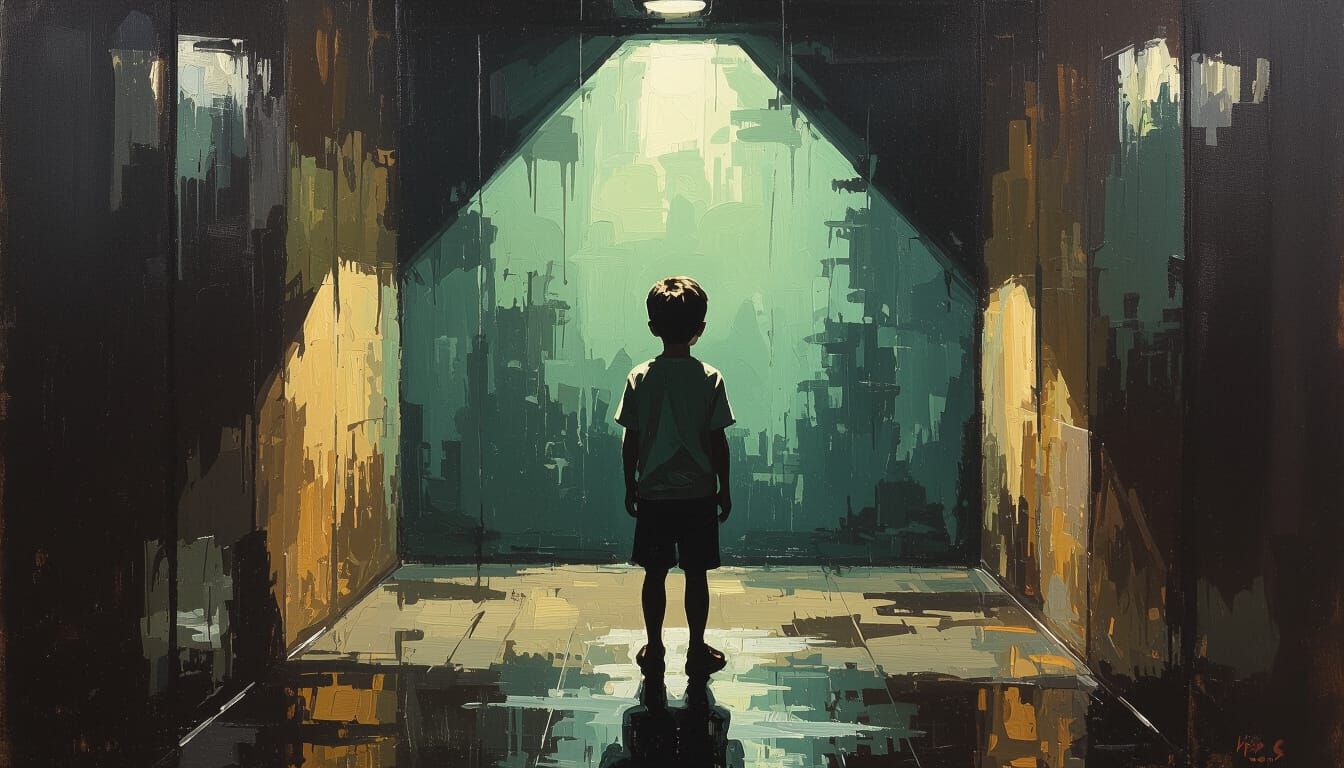 Boy in Oily Store Room: Impasto Oil Painting