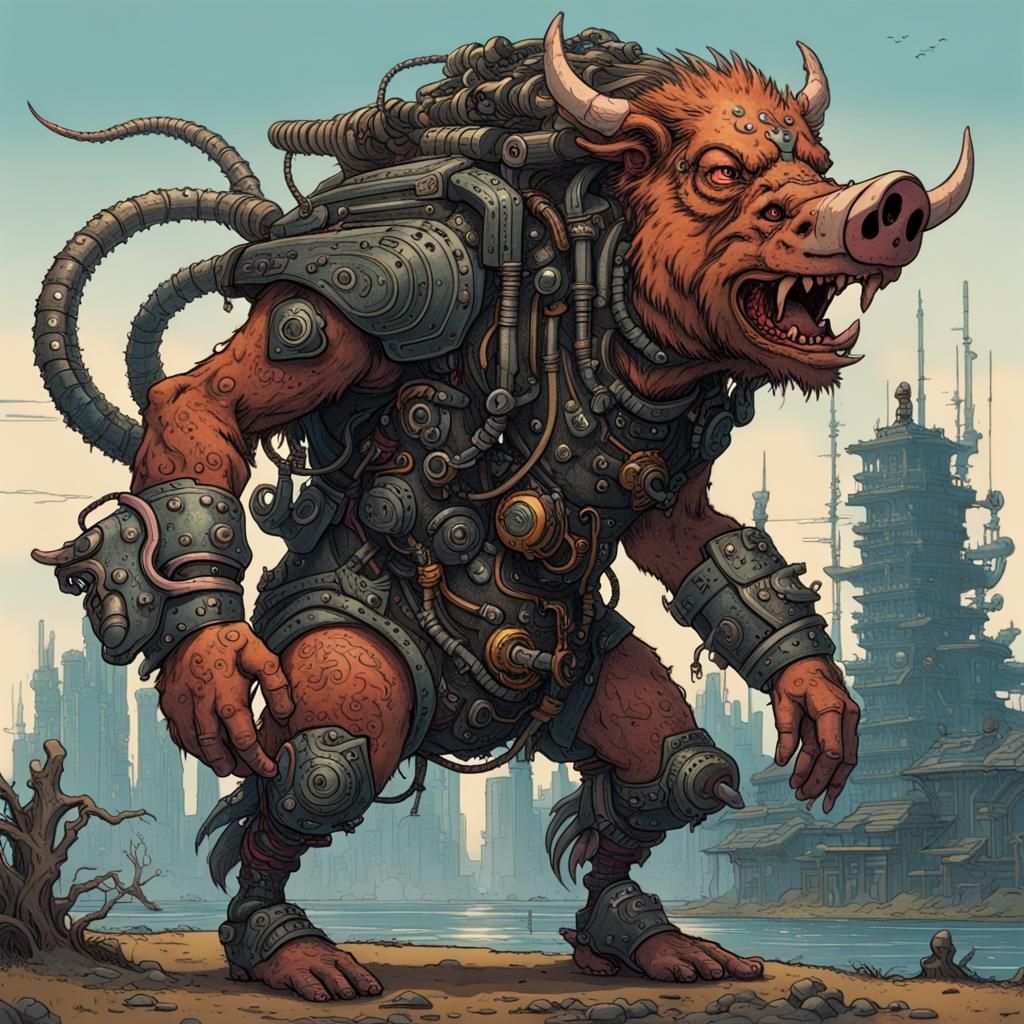 Cyberpunk Mutant Boar Cyborg in Biopunk Style