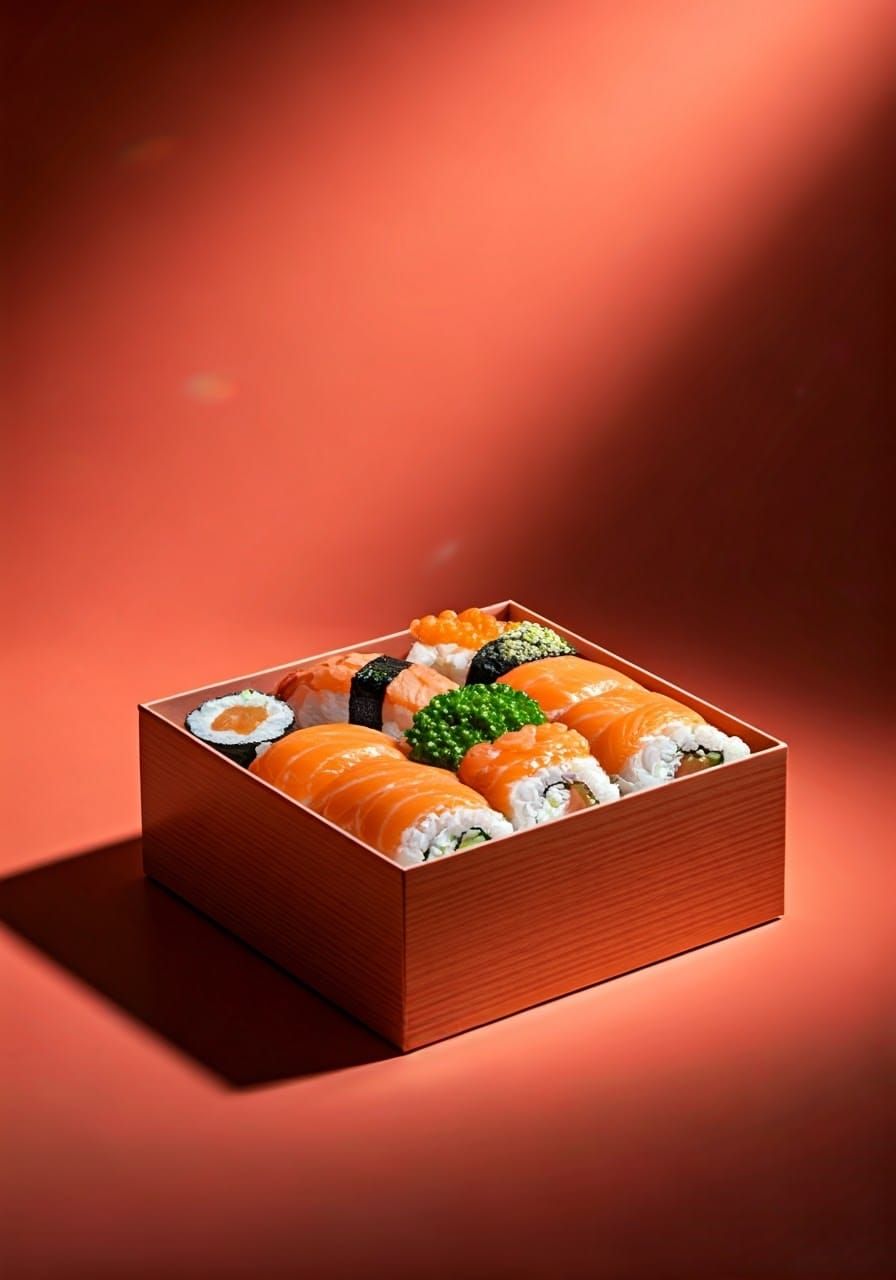 Luxurious Gift Box Unveiled with Vibrant Sushi and Iridescen...