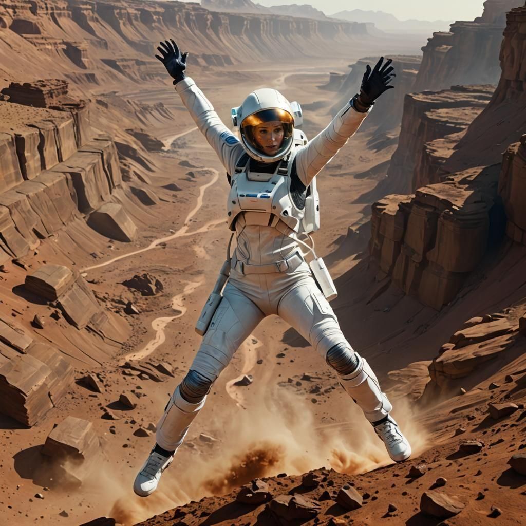 Astronaut Falling from Mars Cliff in Spacesuit