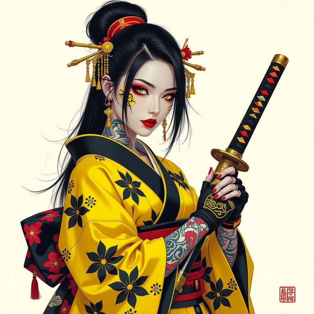 Gothic Punk Japanese Woman with Katana in Anime Art Style