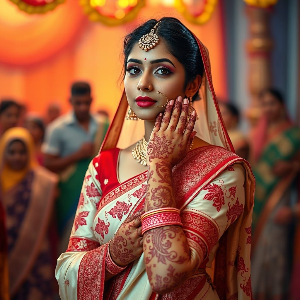 Indian Bride in Saree with Intricate Henna and Maang Tikka