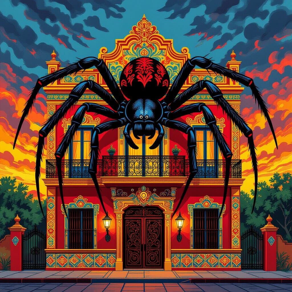 Giant Spider on Mexican Art Deco House at Sunset