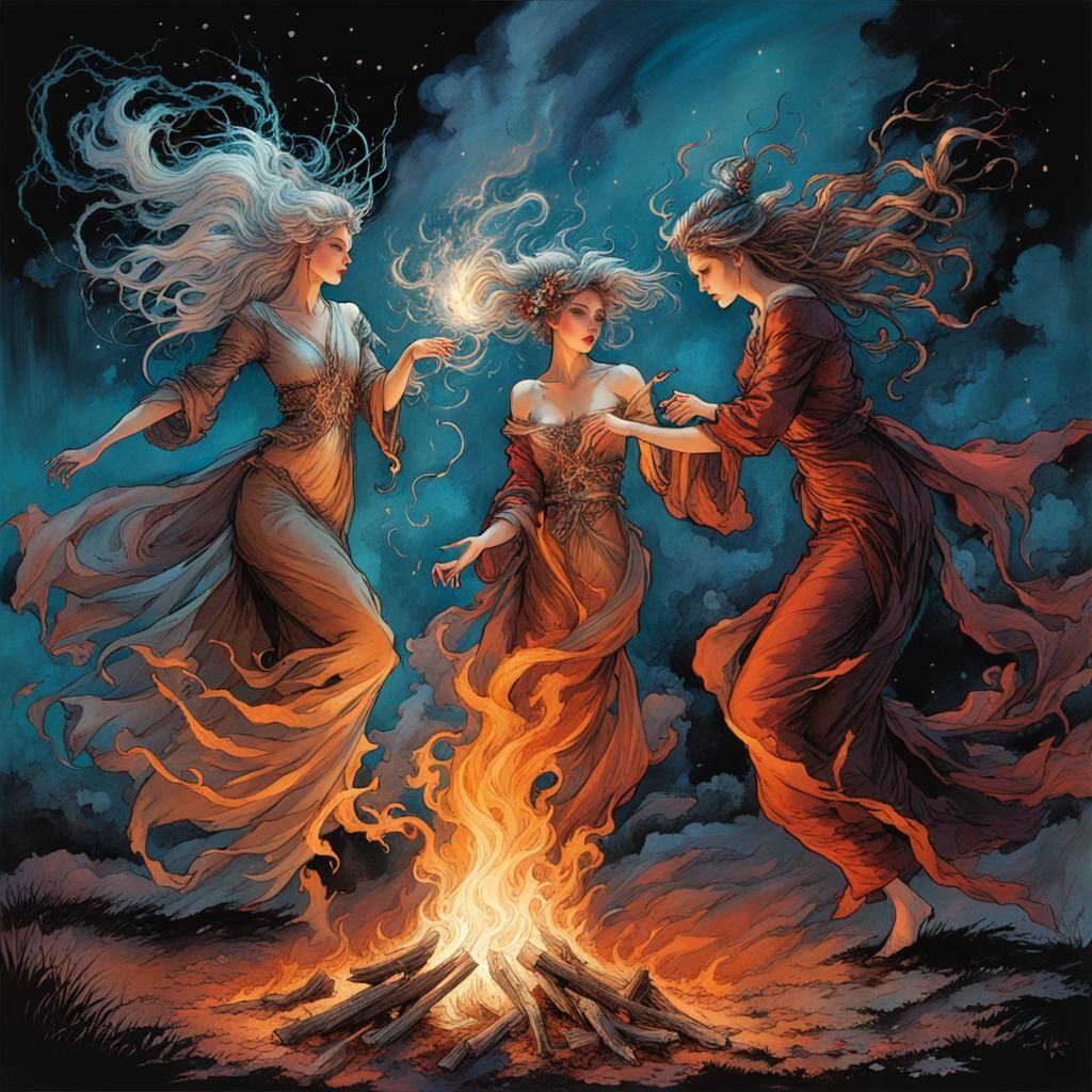 Moonlit Fire Dance: A Pen and Ink Style Scene