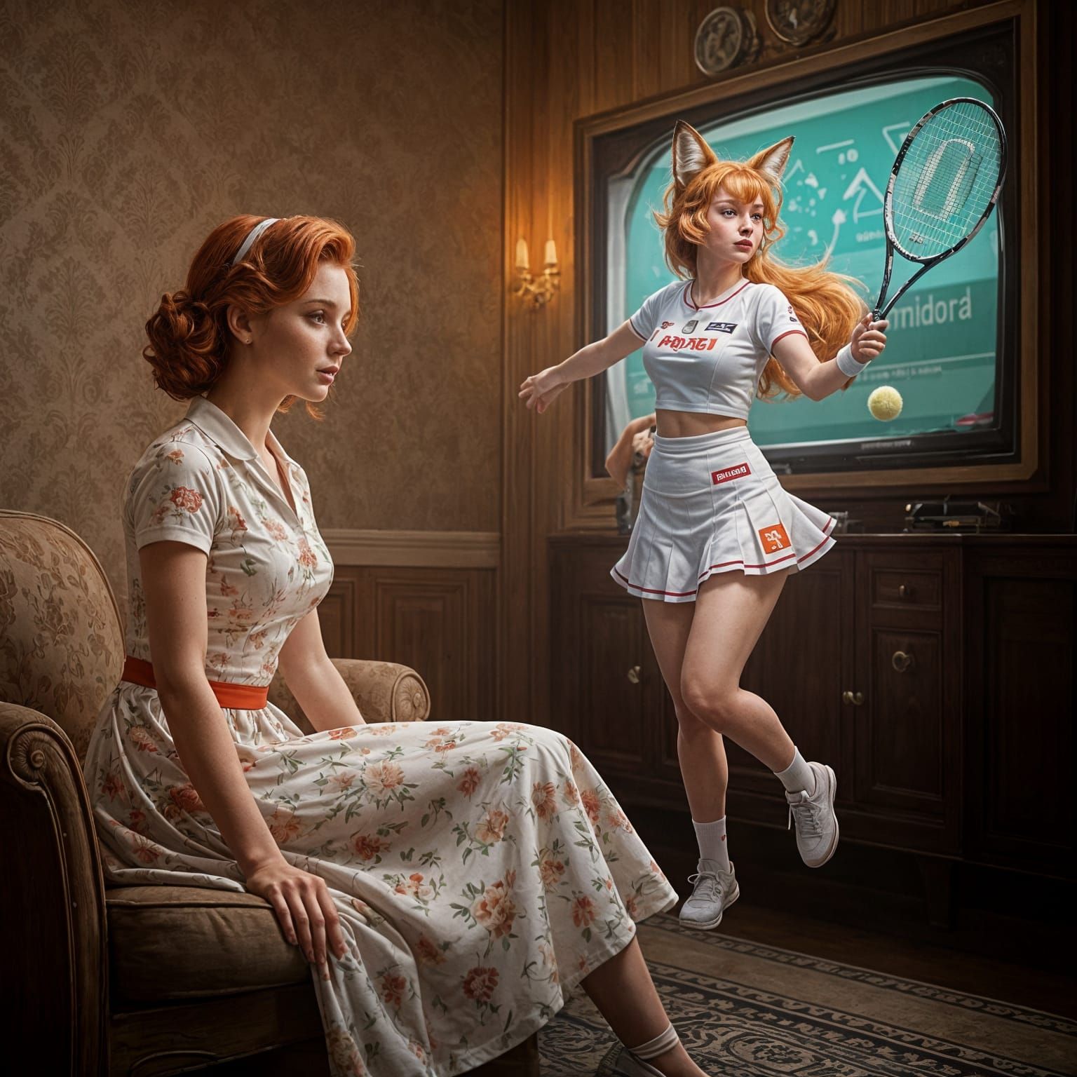 Anime Fox Girl on TV: 1950s Hyperrealistic Scene