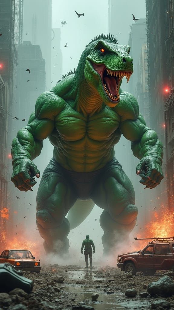 Futuristic City Smashed by Muscular Green Beast