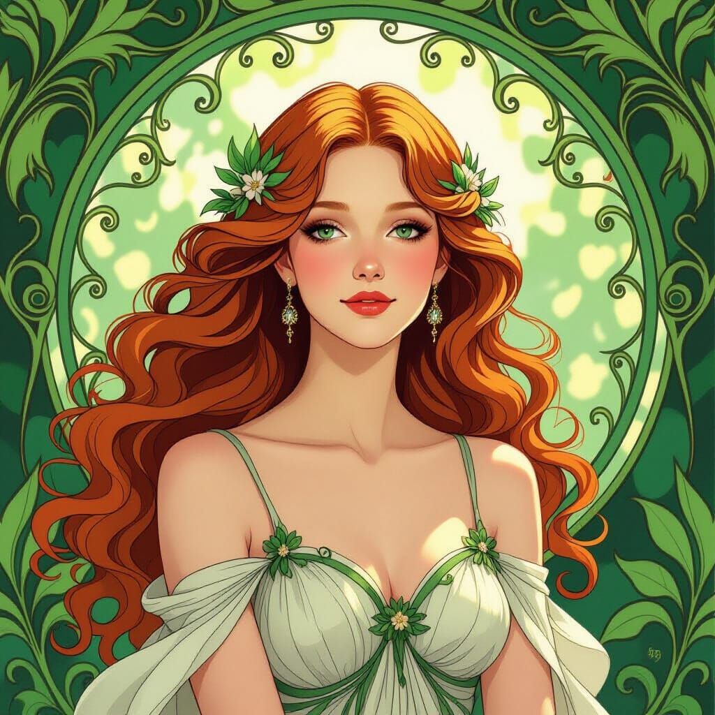 Art Nouveau Portrait of a Woman with Green Plant Motifs