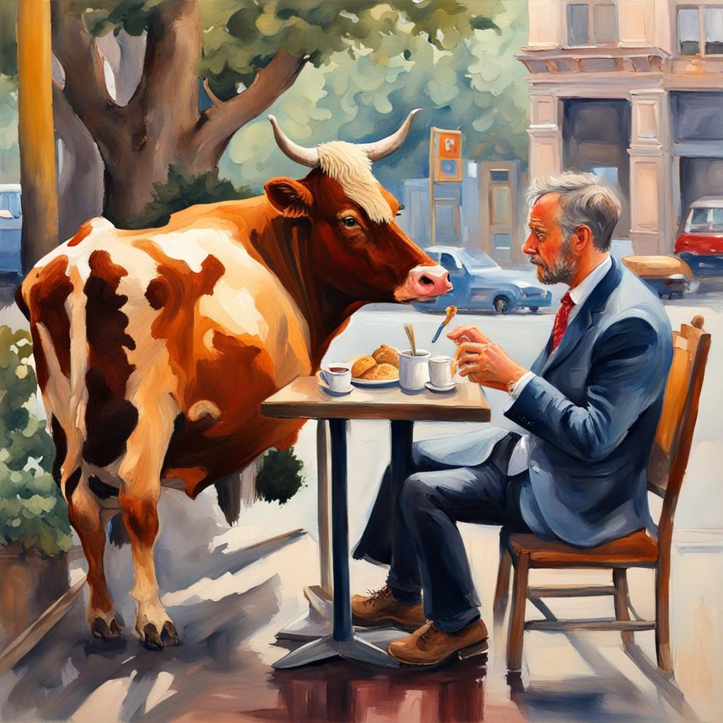 Cow and Eagle Lunch in San Francisco, Gouache Style