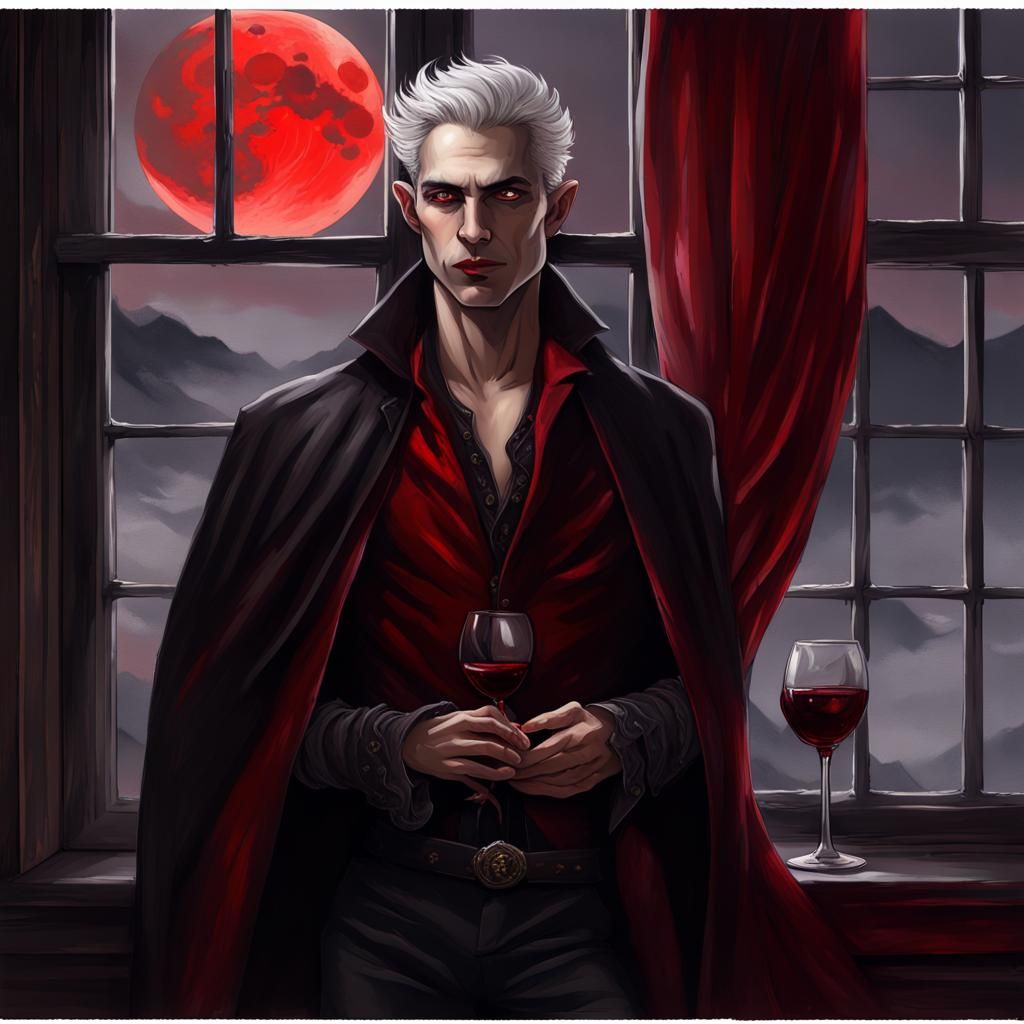 Elegant Vampire in Crimson Moonlight: Detailed Matte Paintin...