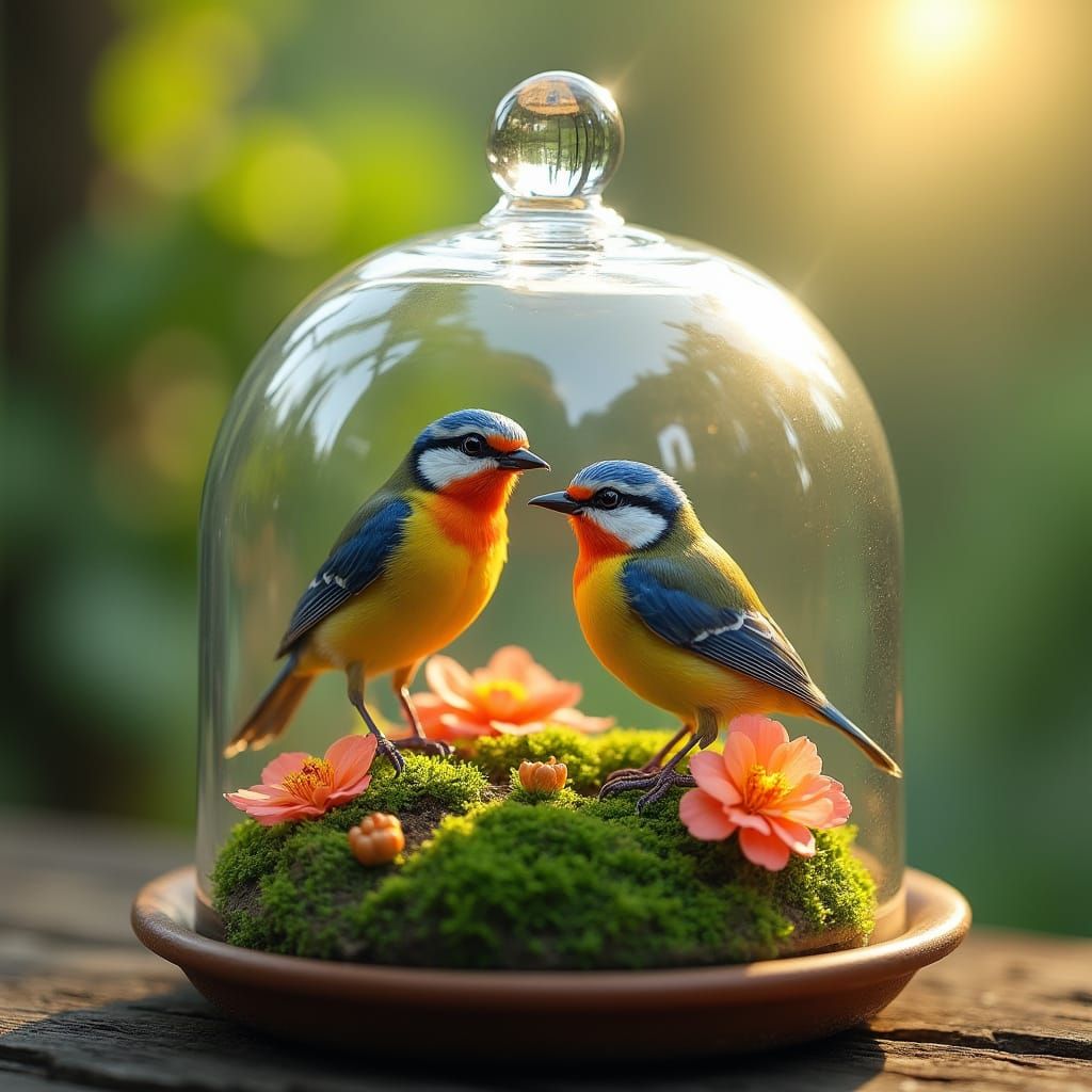 Birds in a Glass Birdhouse with Flowers