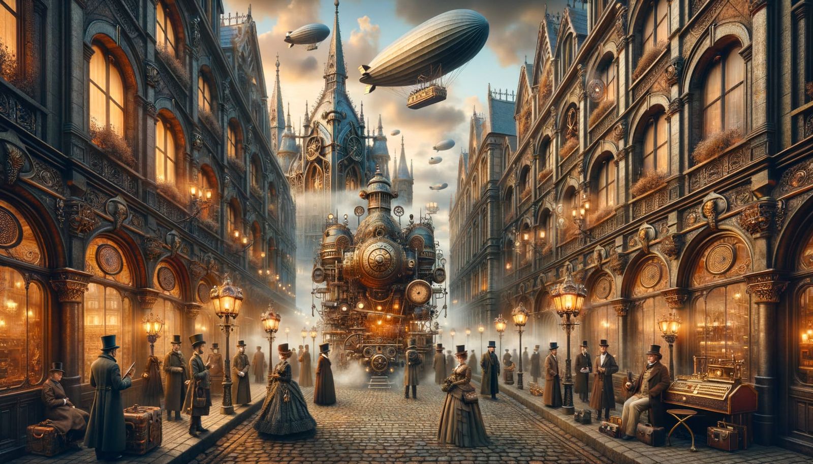 Belle Epoque Steampunk Scene with Victorian Architecture