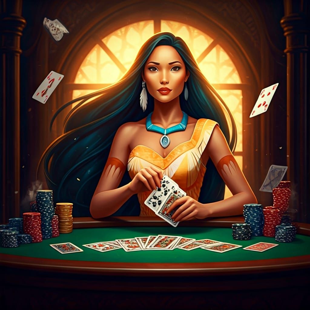 Pocahontas at 1920s Poker Table, Hyperrealistic Splash Art