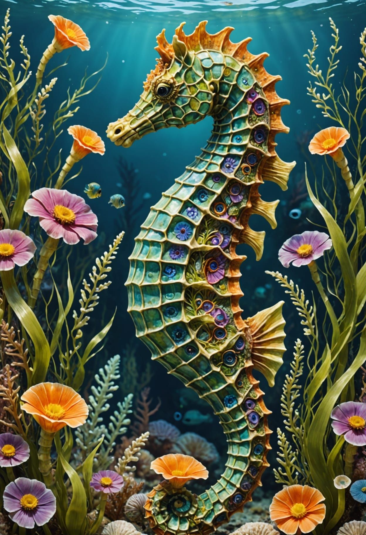 Detailed Seahorse Hidden in Colorful Seagrass