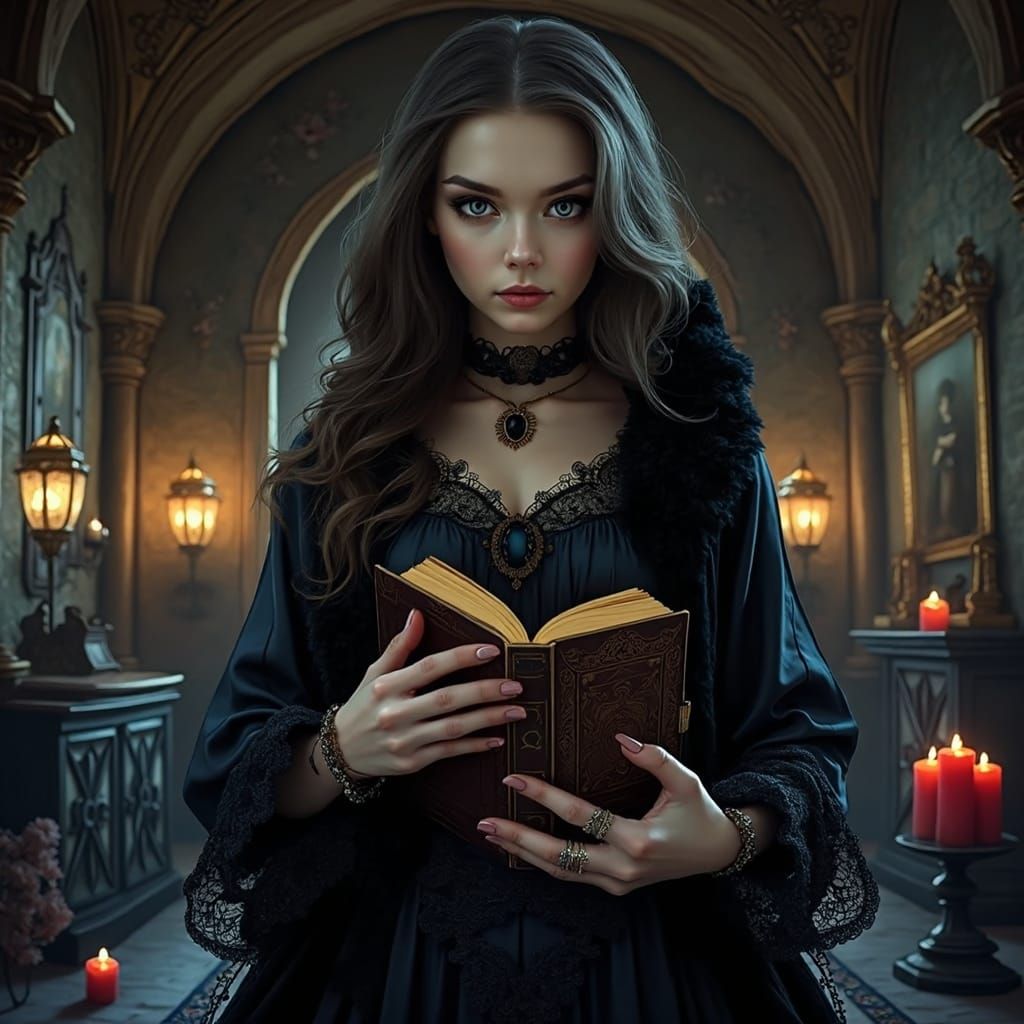 Victorian Witch in Gothic Sanctum with Mystical Tome