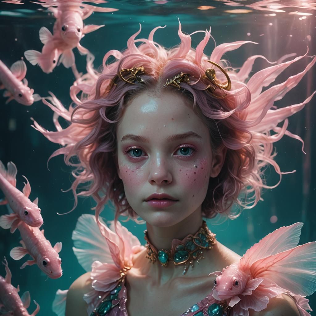 Axolotl Woman Underwater Portrait in Vogue Style
