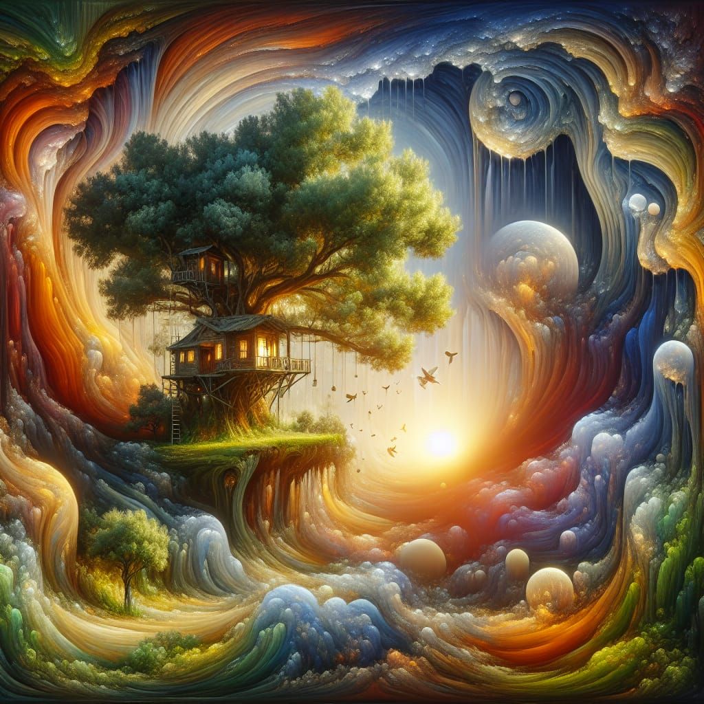 Surreal Treehouse Cave Scene in Oil Painting Style