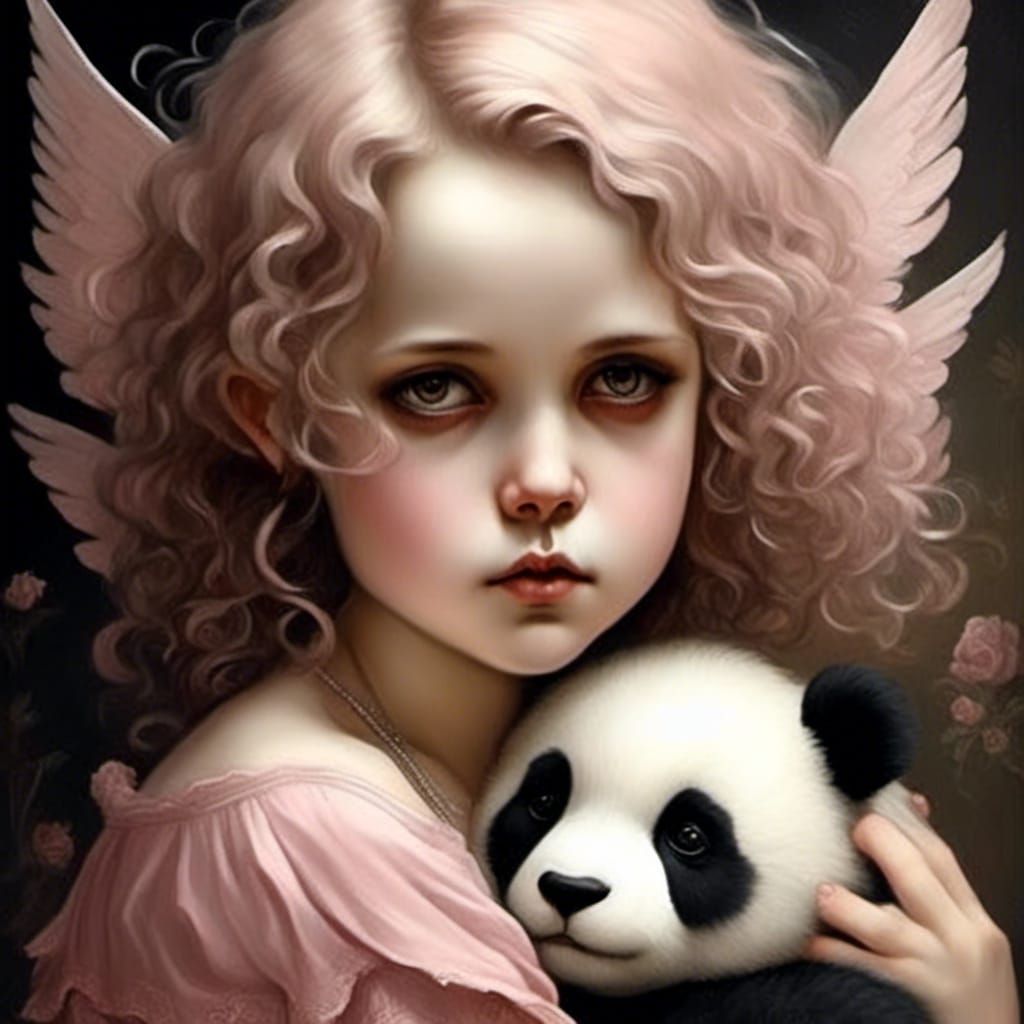 Cute Angel Girl with Panda Bear