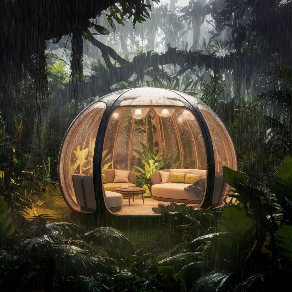 Futuristic Jungle Habitat Glows Cozy Amidst Lush Greenery