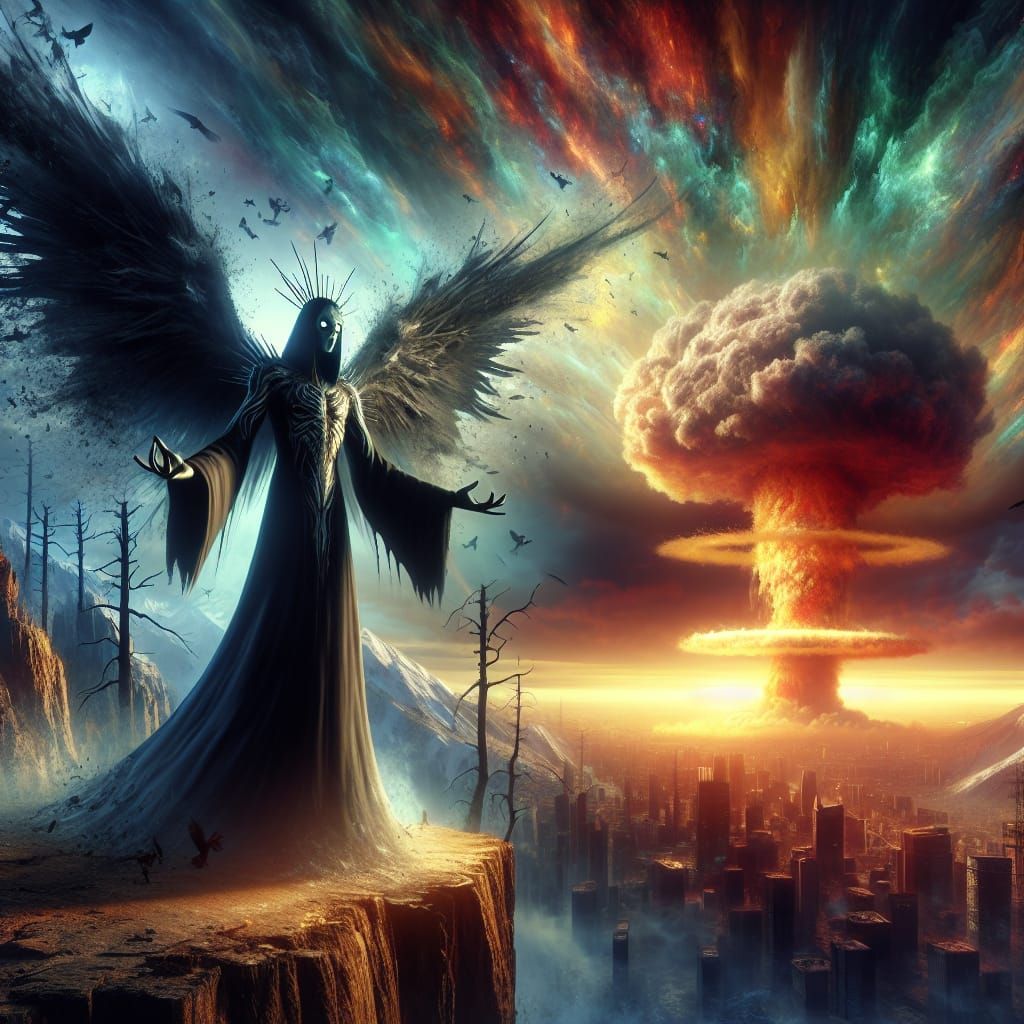 Fantasy Horror Angel Overlooking Nuclear City
