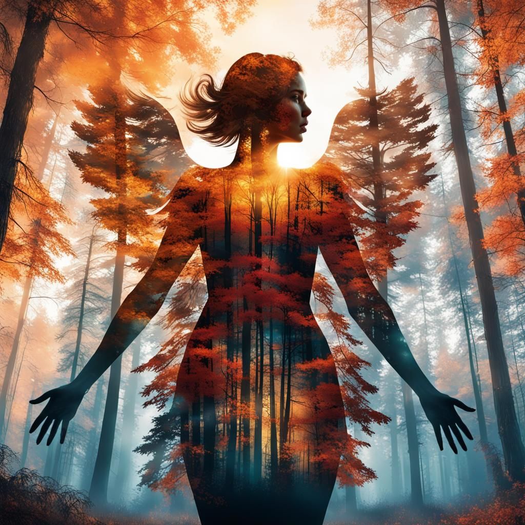 Angel Silhouette Over Autumn Forest at Sunrise