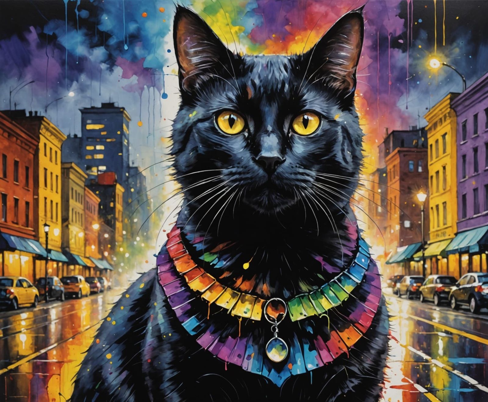 Black Cat in Rainbow Dress as Oil Painting