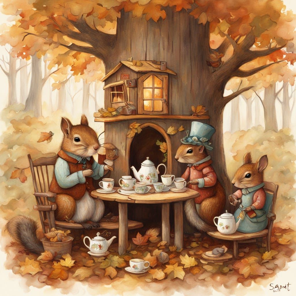 Squirrel Family Tea Party in Folk Art Style