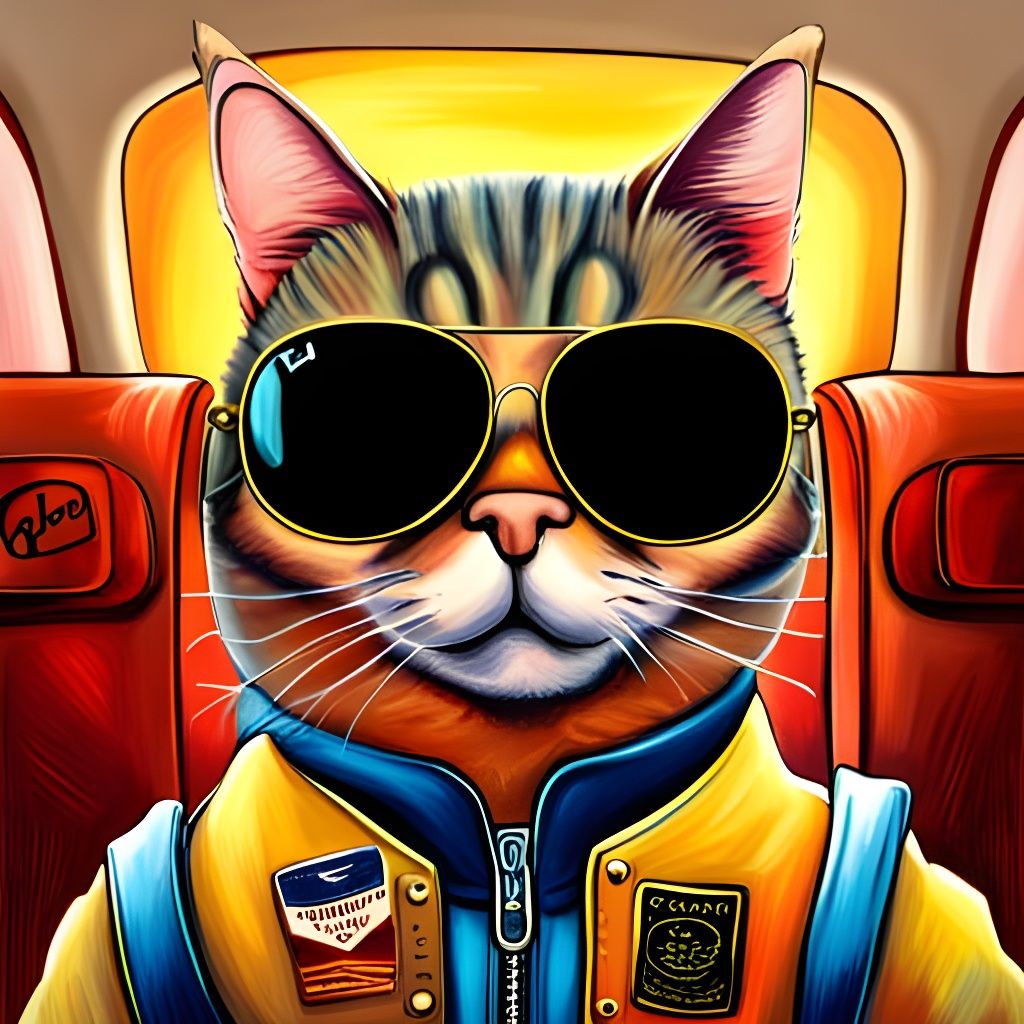 Cat Pilot in Airplane, Louis Wain Style