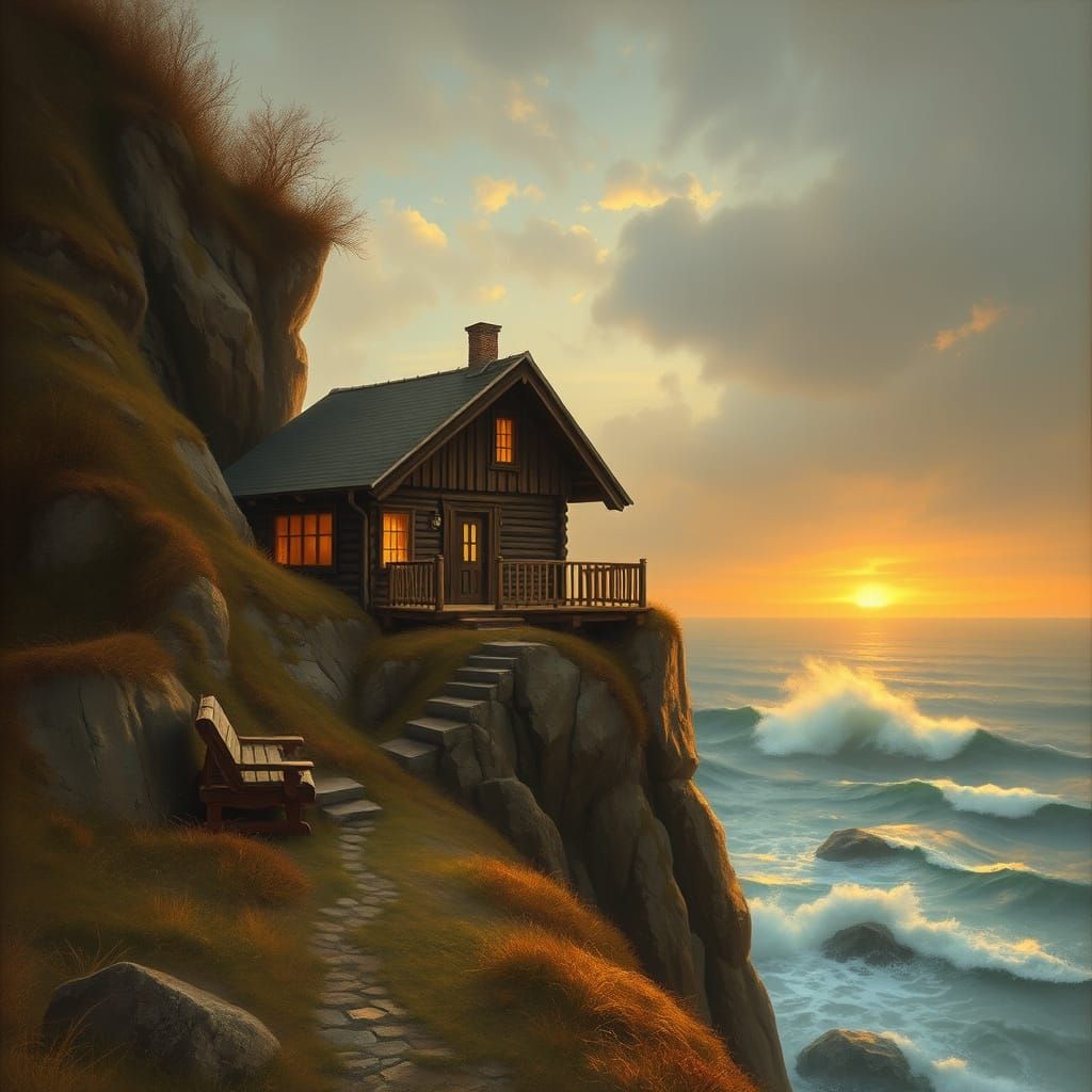 Idyllic Wood Cabin at Sunset in Renaissance Style