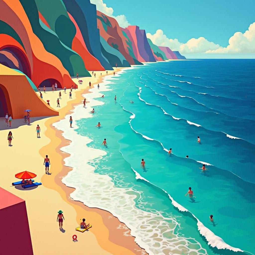 Colorful Cubist Beach Scene with Geometric Waves