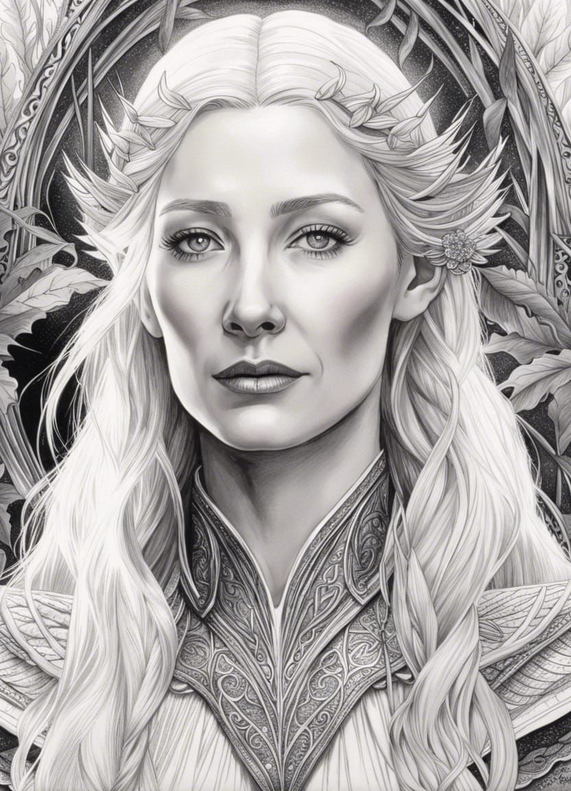 Galadriel in Lothlorien: Hyperdetailed Ink Drawing