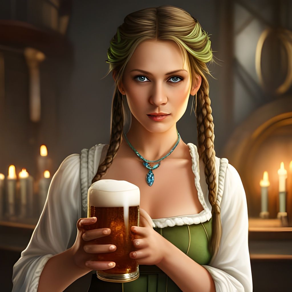 Smiling Barmaid in Candlelit Tavern: Fantasy Concept Art